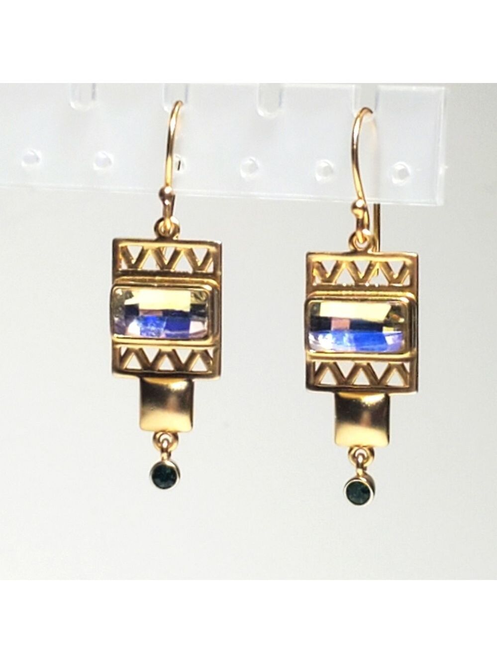 Amrapali 14k Gold Plated Drop Earrings Sky-blue Dark Green Chaton-cut Crystals